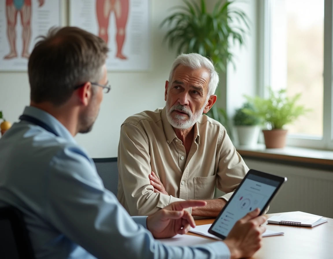 Homme âgé en consultation médicale avec un médecin examinant un tableau de symptômes, scène illustrant le diagnostic du cancer de l'estomac
