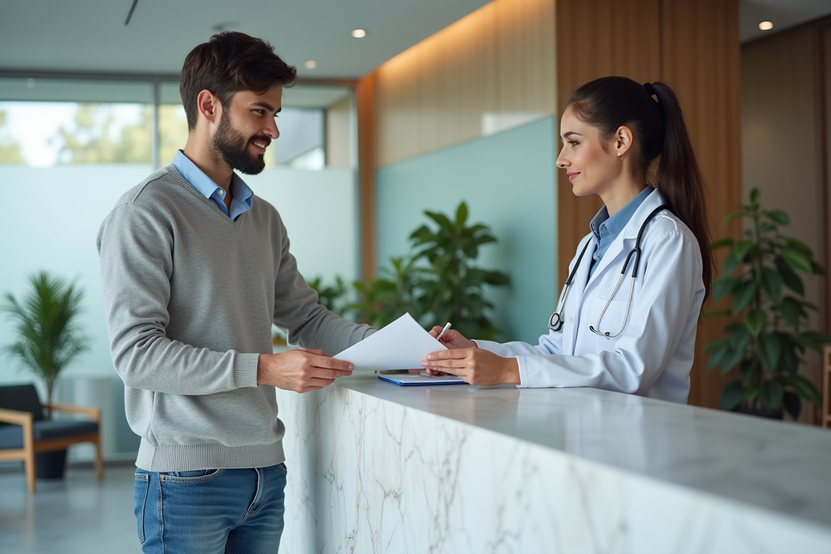 Jeune patient remettant des documents à la reception