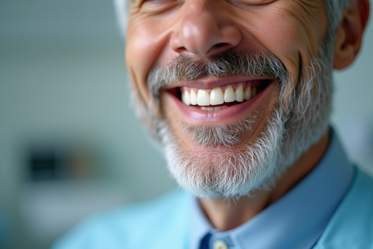 Patient souriant montrant une couronne dentaire implantée