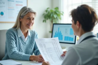Patiente tenant un bilan médical avec résultats de microalbuminurie et créatinine dans un cabinet médical