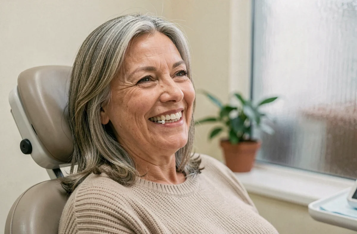 Femme âgée souriante avec une prothèse dentaire à crochet invisible bien intégrée dans un cabinet dentaire