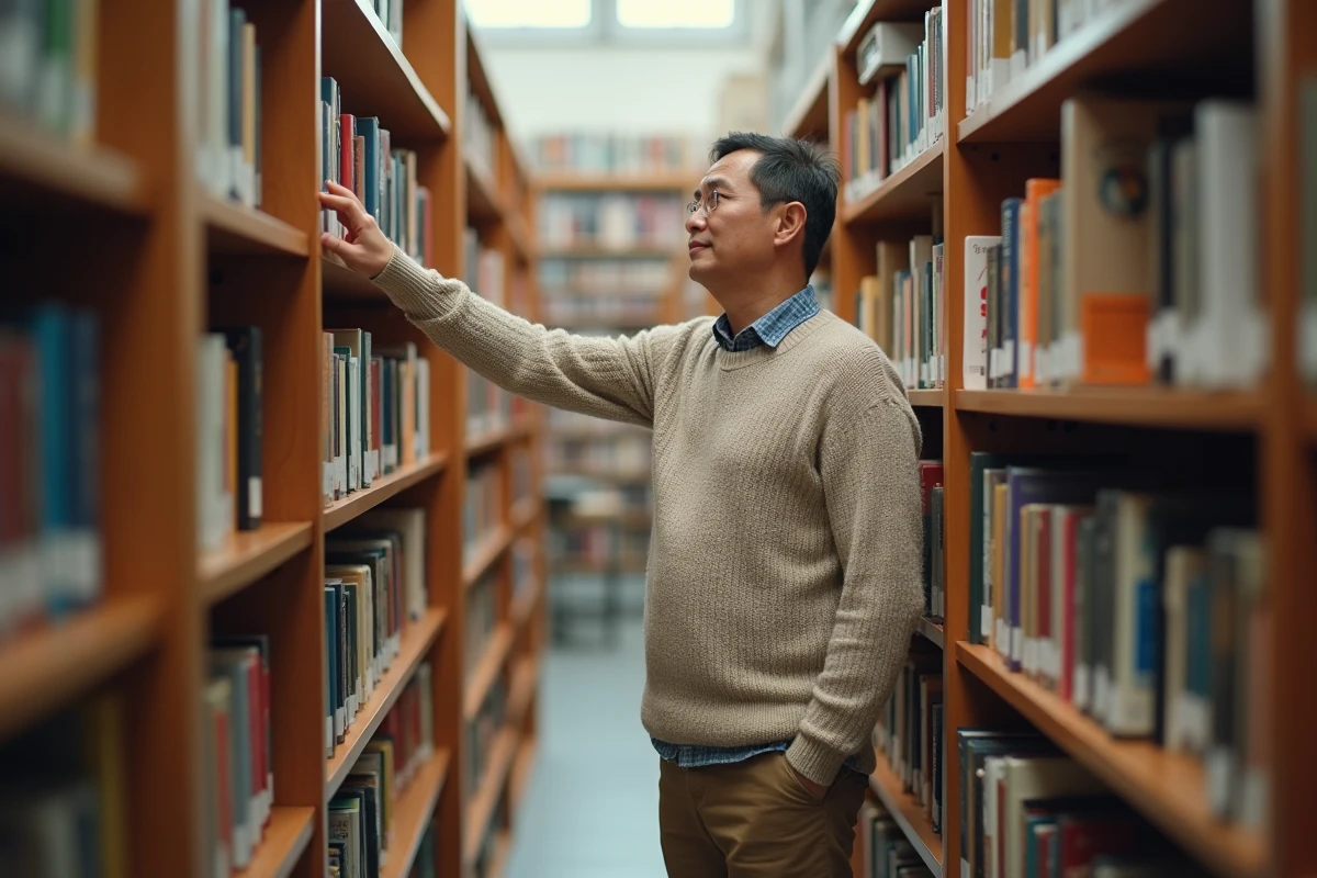 Personne de petite taille dans une bibliothèque publique illustrant le quotidien et la vie avec le nanisme