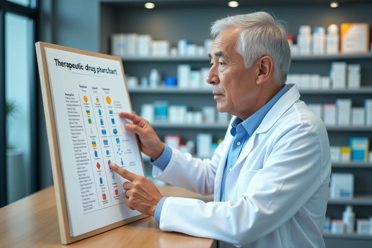 Pharmacien expliquant les classes thérapeutiques de médicaments à l'aide d'un tableau dans une pharmacie moderne