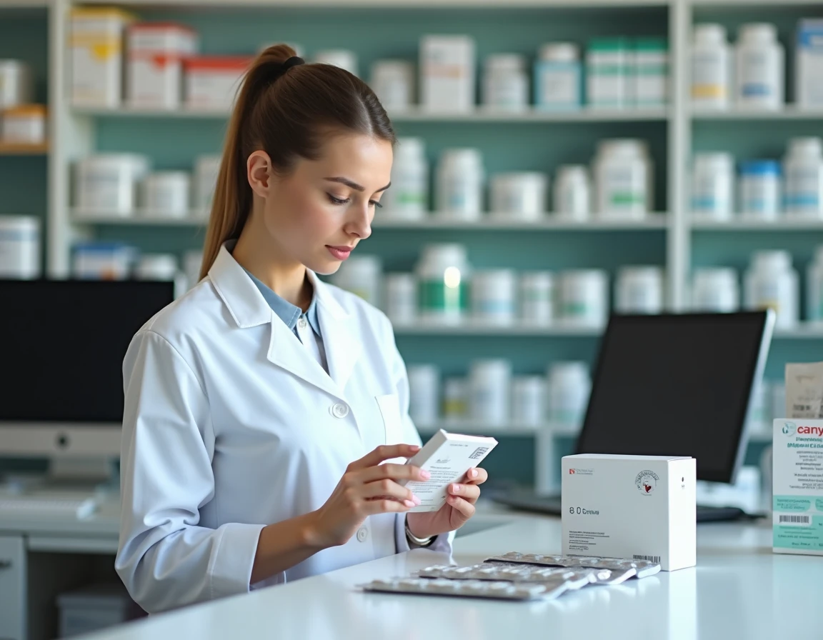 Pharmacienne analysant la composition d'un complément alimentaire de régime avec un regard professionnel et attentif