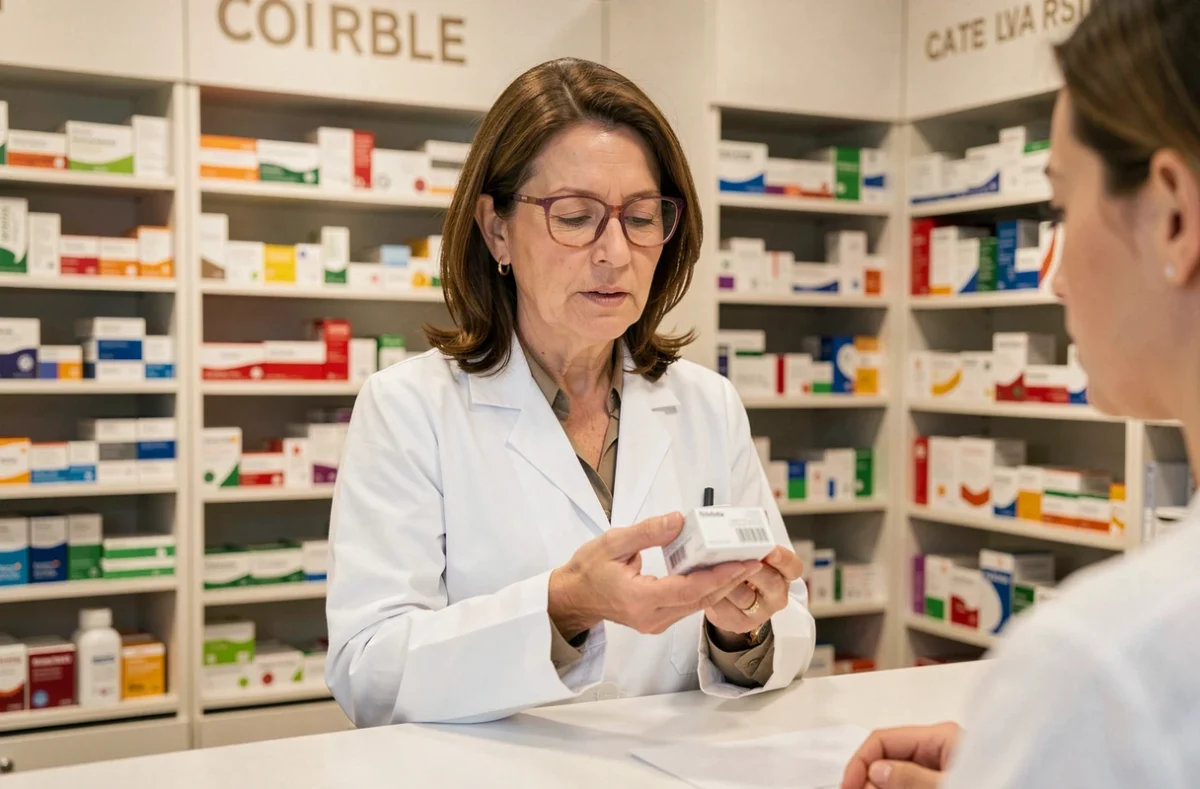 Pharmacienne expliquant un traitement gynécologique à une patiente dans une pharmacie française