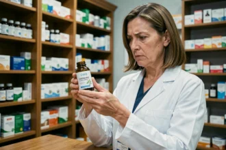 Pharmacienne examinant un flacon de complément alimentaire au silicium organique G5 derrière le comptoir d'une pharmacie