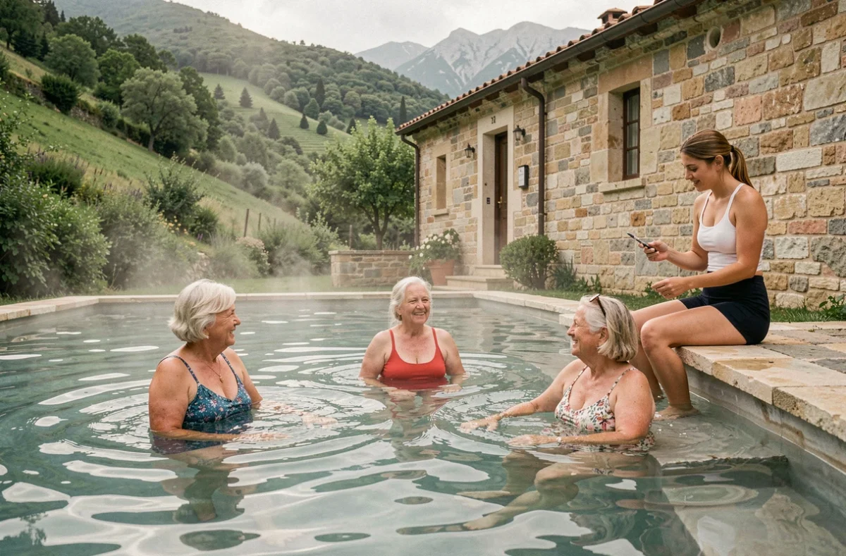 Groupe de seniors pratiquant des exercices de physiothérapie aquatique en piscine thermale extérieure encadrés par un kinésithérapeute