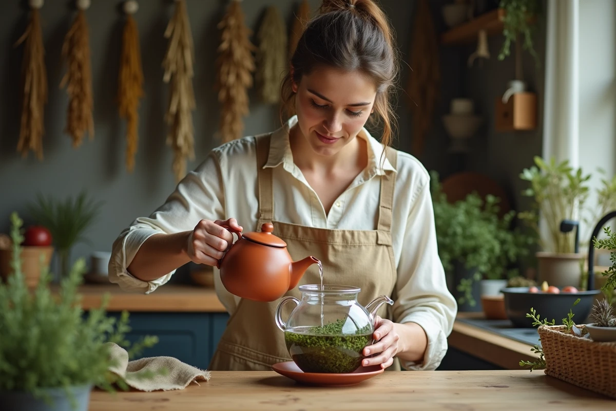 Phytothérapeute préparant une infusion de thym frais dans une théière en verre dans une cuisine rustique