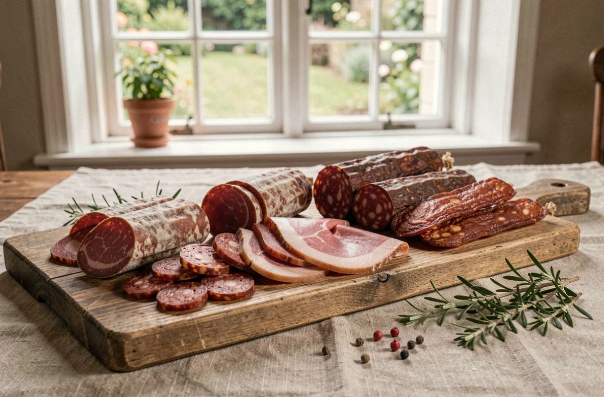 Plateau de charcuterie avec chorizo, jambon et saucisson sur une planche en bois rustique