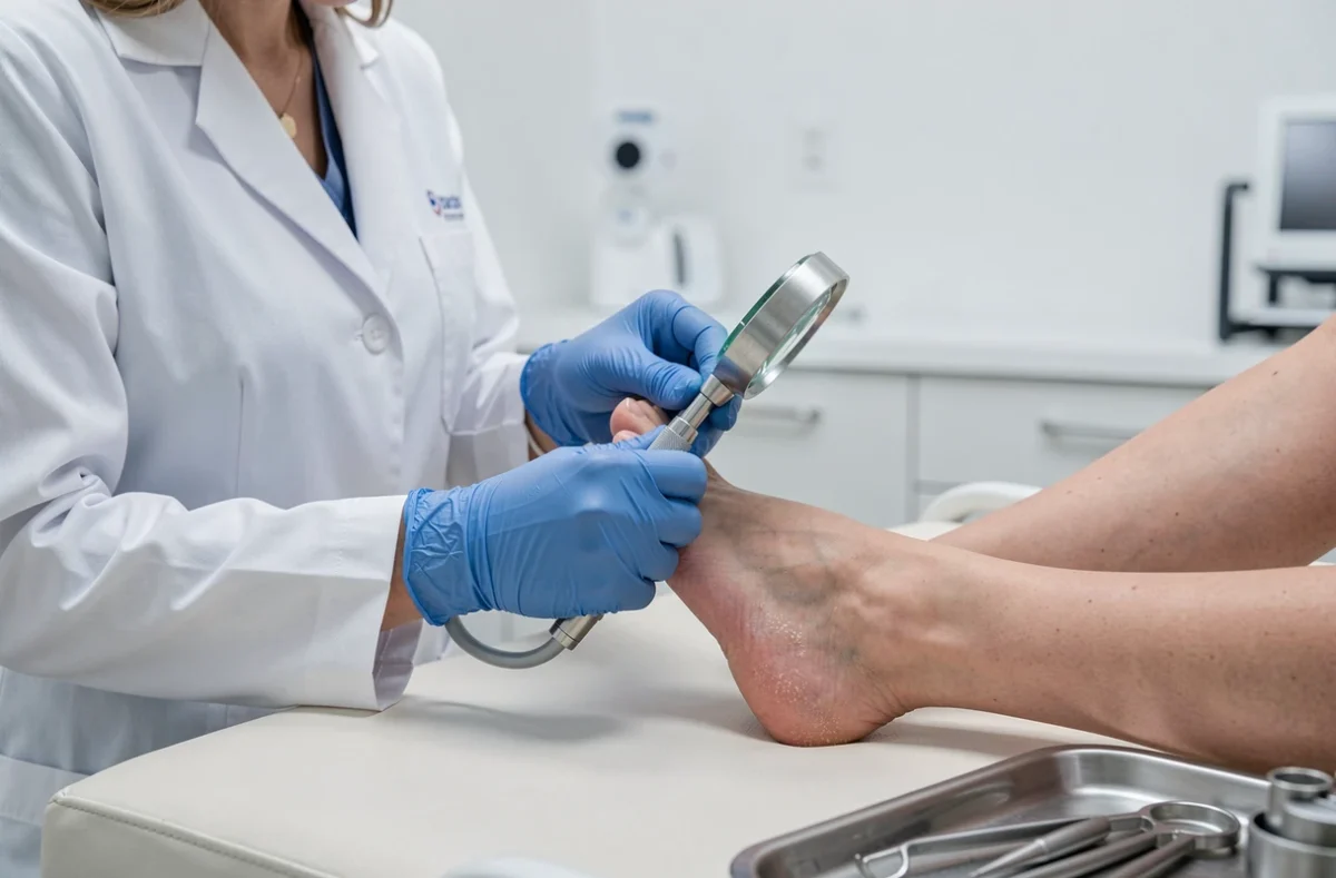 Podologue examinant le pied d'une patiente en cabinet médical, avec peau cornée visible sur le talon