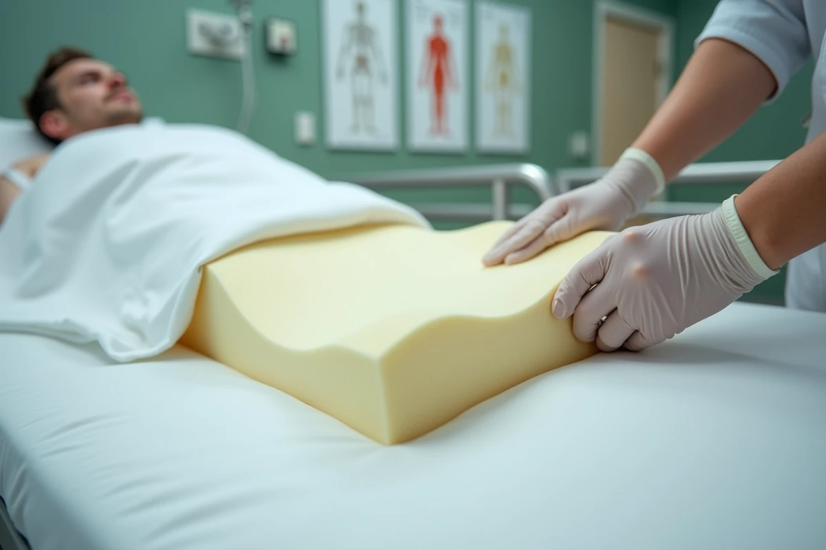 Mains d'un soignant positionnant un coussin anti-escarre sous le sacrum d'un patient en rééducation