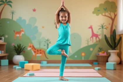 Jeune fille en posture de l'arbre lors d'un cours de yoga pour enfants dans un studio coloré et ludique
