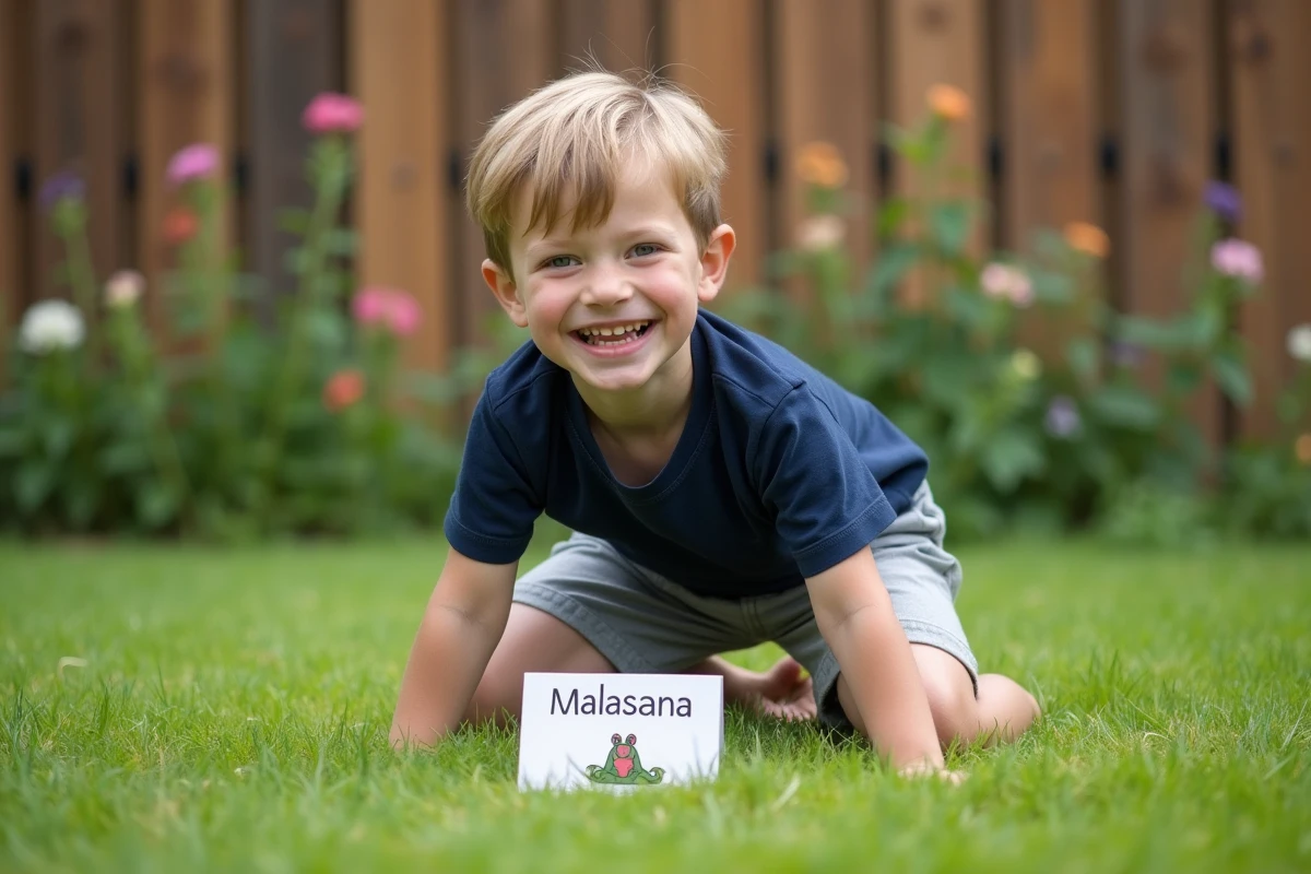 Petit garçon en posture du yoga grenouille dans un jardin avec une carte illustrée de postures pour enfants