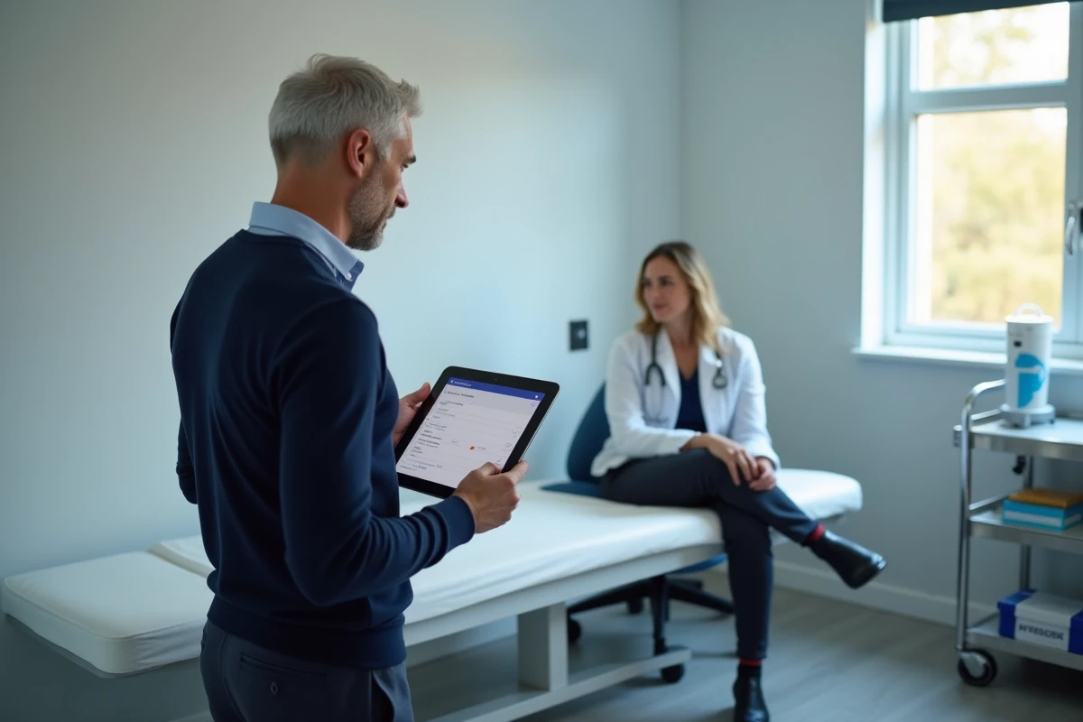 Praticien de santé consultant un formulaire numérique sur tablette lors d'une consultation médicale professionnelle
