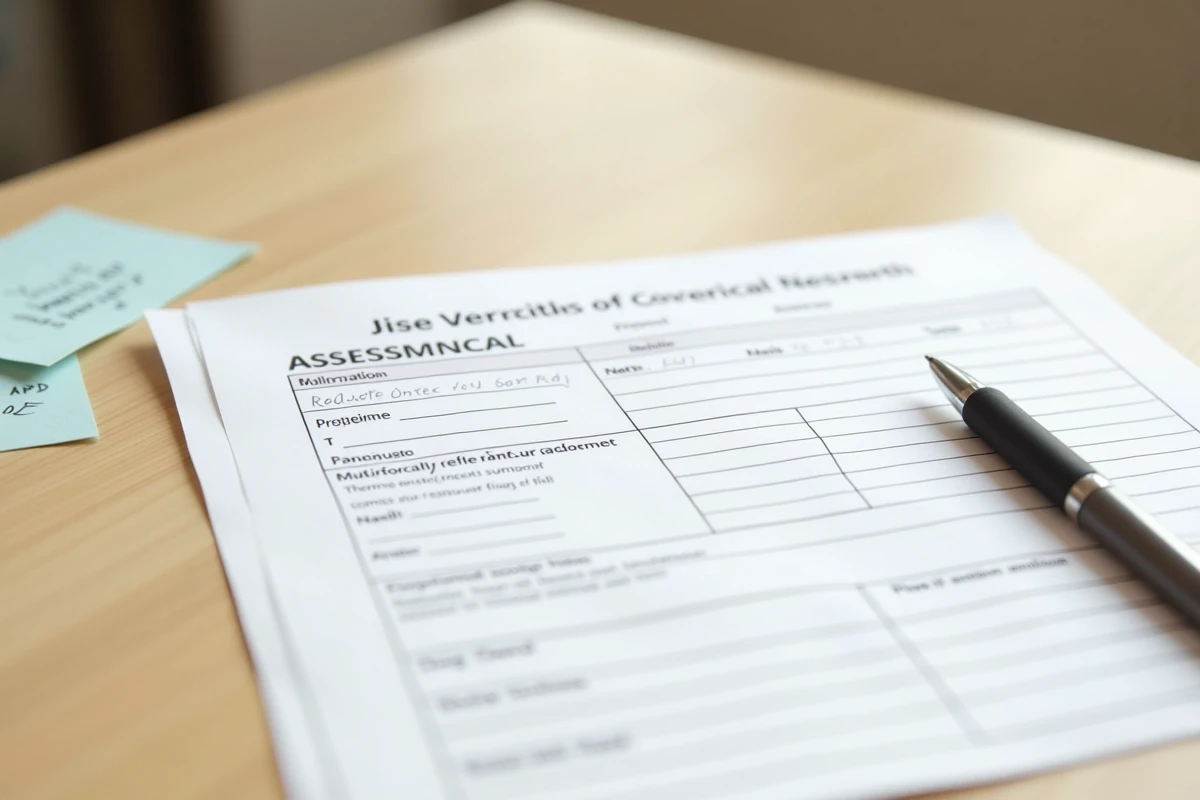 Documents et formulaires préparés pour un bilan ergothérapie posés sur une table