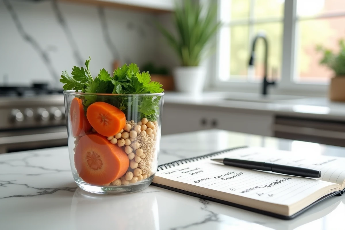 Boîte de préparation de repas avec carottes crues, pois chiches et quinoa sur un comptoir en marbre à côté d'un carnet ouvert montrant les macronutriments et glucides de la carotte