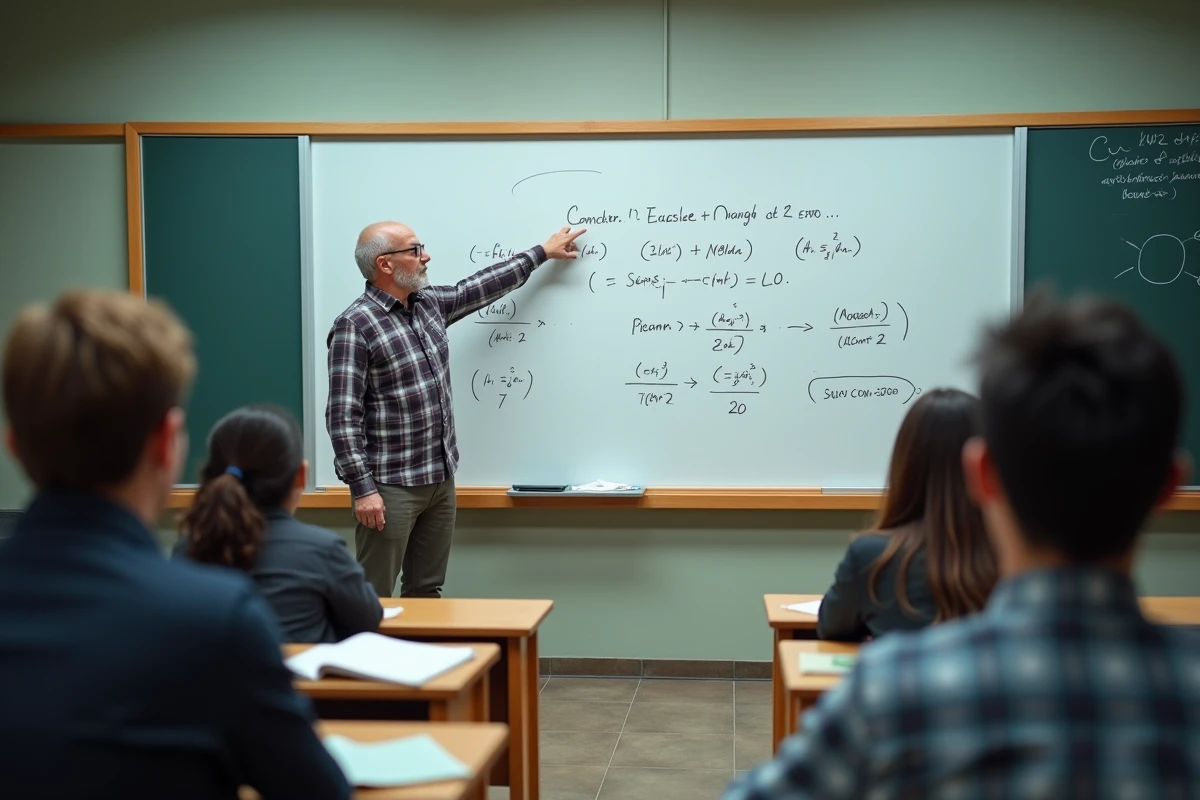 Professeur de chimie expliquant des exercices corrigés de calcul de concentration au tableau devant des étudiants