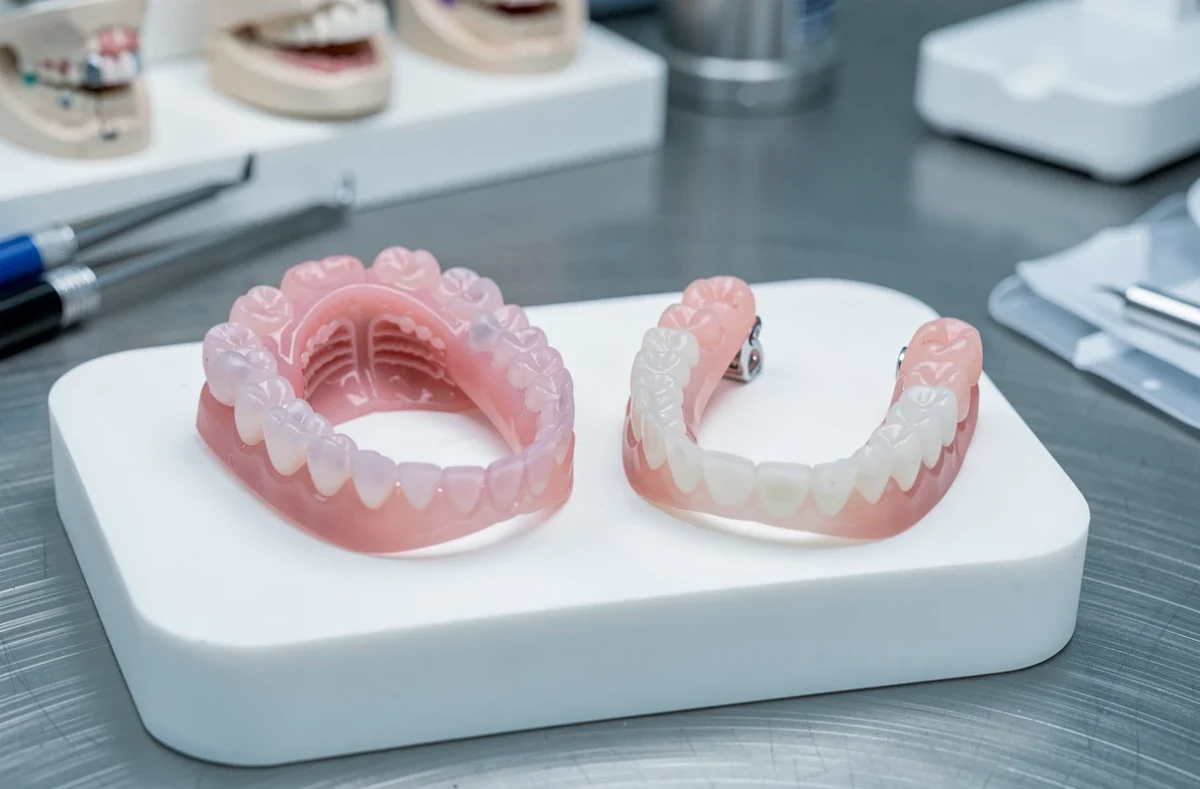 Deux prothèses dentaires partielles à crochets invisibles posées sur un plateau dentaire dans un laboratoire prothétique