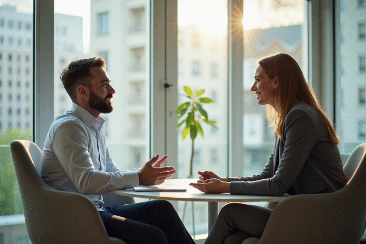 Psychologue et client en conversation dans un bureau lumineux