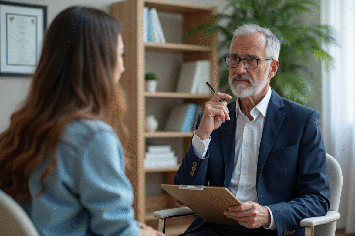 Psychologue en costume écoute une patiente lors d'une consultation
