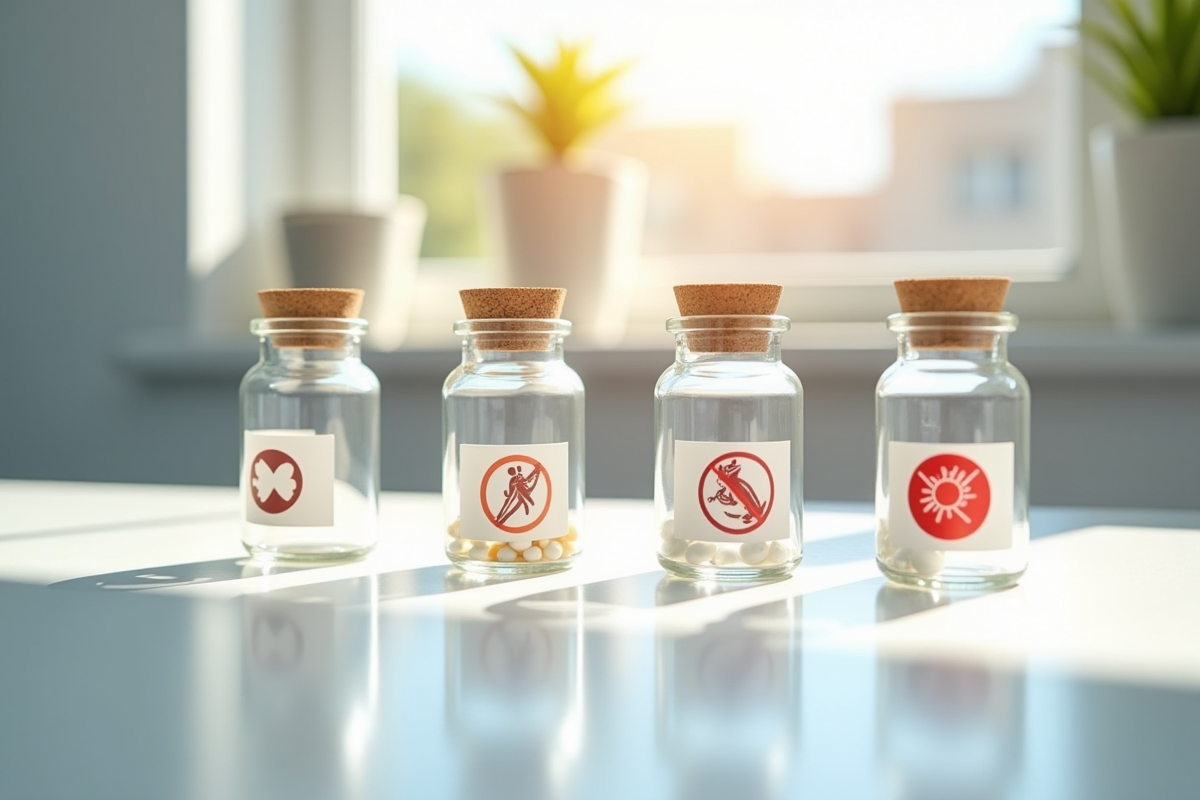 Quatre verres sur une table blanche avec symboles de categories de maladies