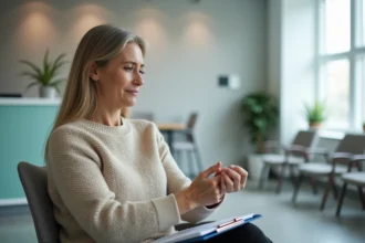 Femme attendant dans une salle d'attente de radiologie sans ordonnance, tenant son poignet avec une expression préoccupée
