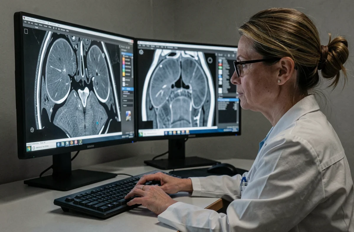 Radiologue féminine analysant des images scanner de la gorge et du cou sur des moniteurs médicaux dans une salle de radiologie