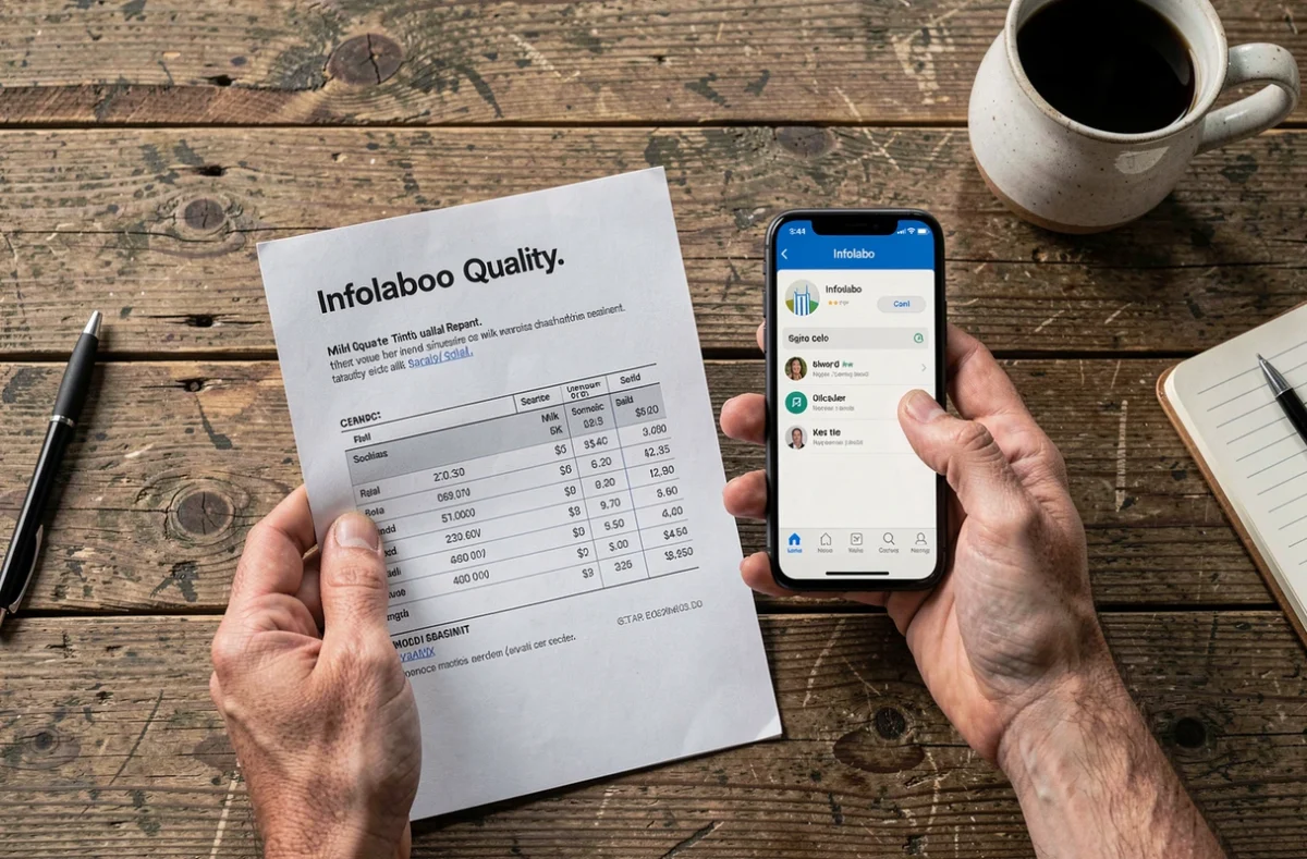 Rapport de qualité du lait Infolabo imprimé et application mobile sur une table de ferme rurale