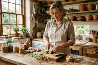 Femme préparant un remède naturel contre le reflux gastrique avec du gingembre frais et de la camomille dans une cuisine rustique en bois