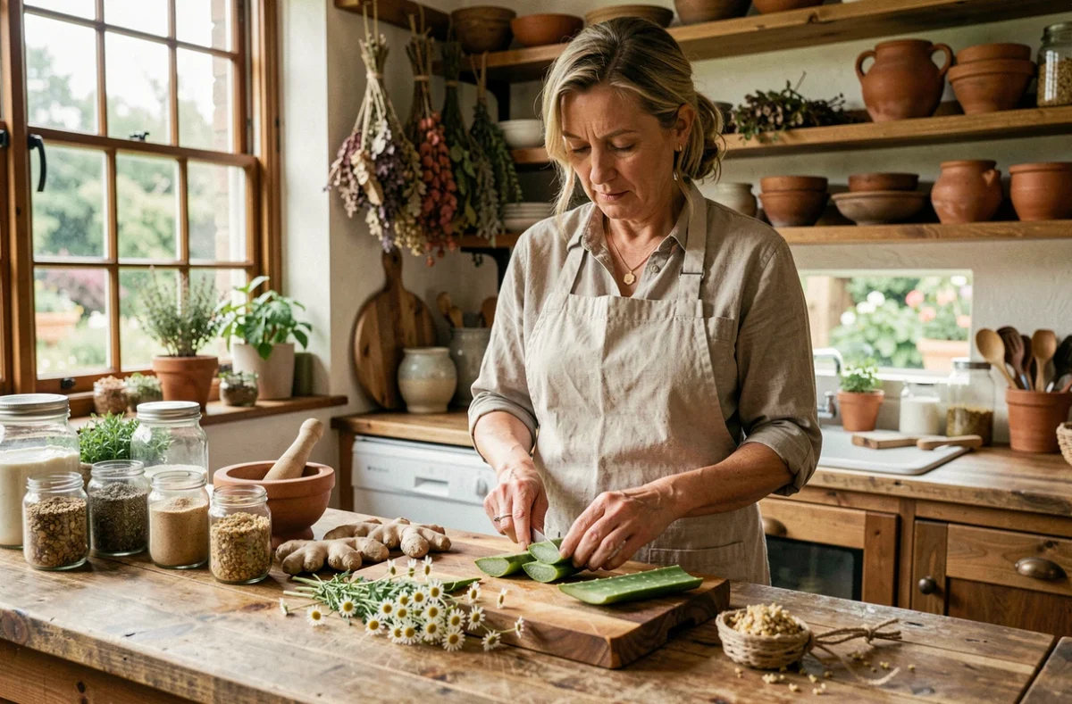 Femme préparant un remède naturel contre le reflux gastrique avec du gingembre frais et de la camomille dans une cuisine rustique en bois