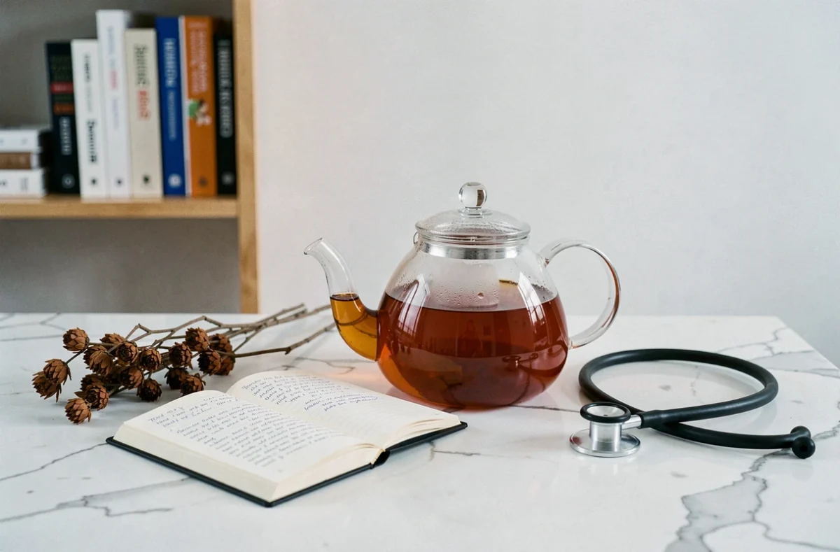 Théière en verre remplie de rooibos ambré sur marbre blanc avec stéthoscope et notes de recherche, illustrant les études scientifiques sur les vertus cardiovasculaires du rooibos