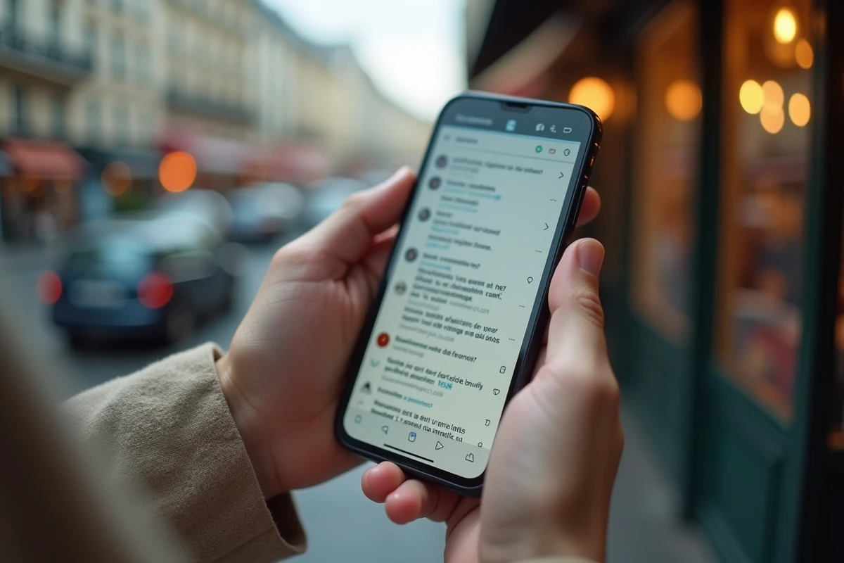 Mains tenant un smartphone affichant un fil de médias sociaux en français avec des publications de rumeurs, sur fond flou de façades haussmanniennes à Paris
