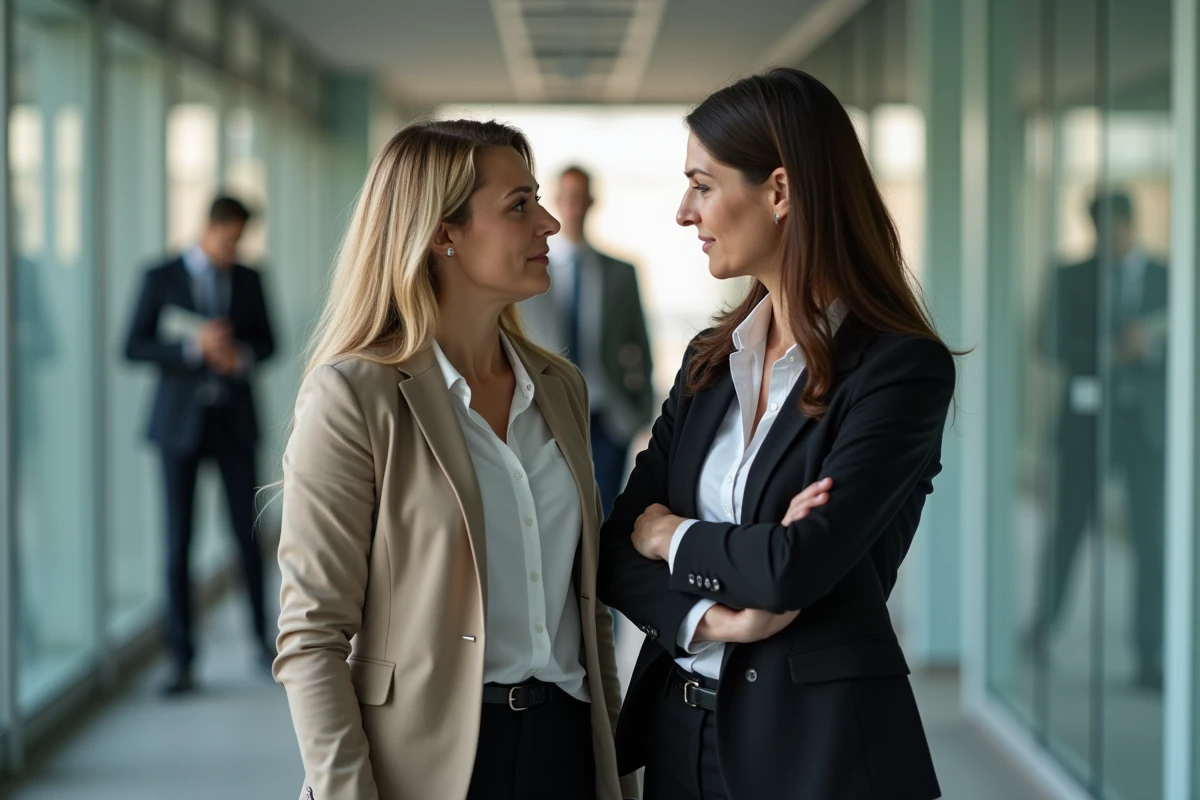 Deux collègues femmes en conversation discrète dans un couloir de bureau, symbolisant le soutien face à une collègue toxique