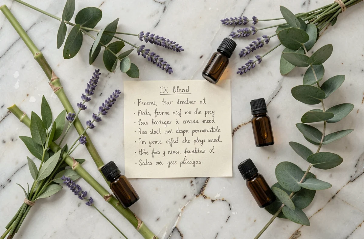 Flacon d'huiles essentielles répulsives moustiques posés sur du marbre avec des plantes aromatiques comme la lavande et l'eucalyptus