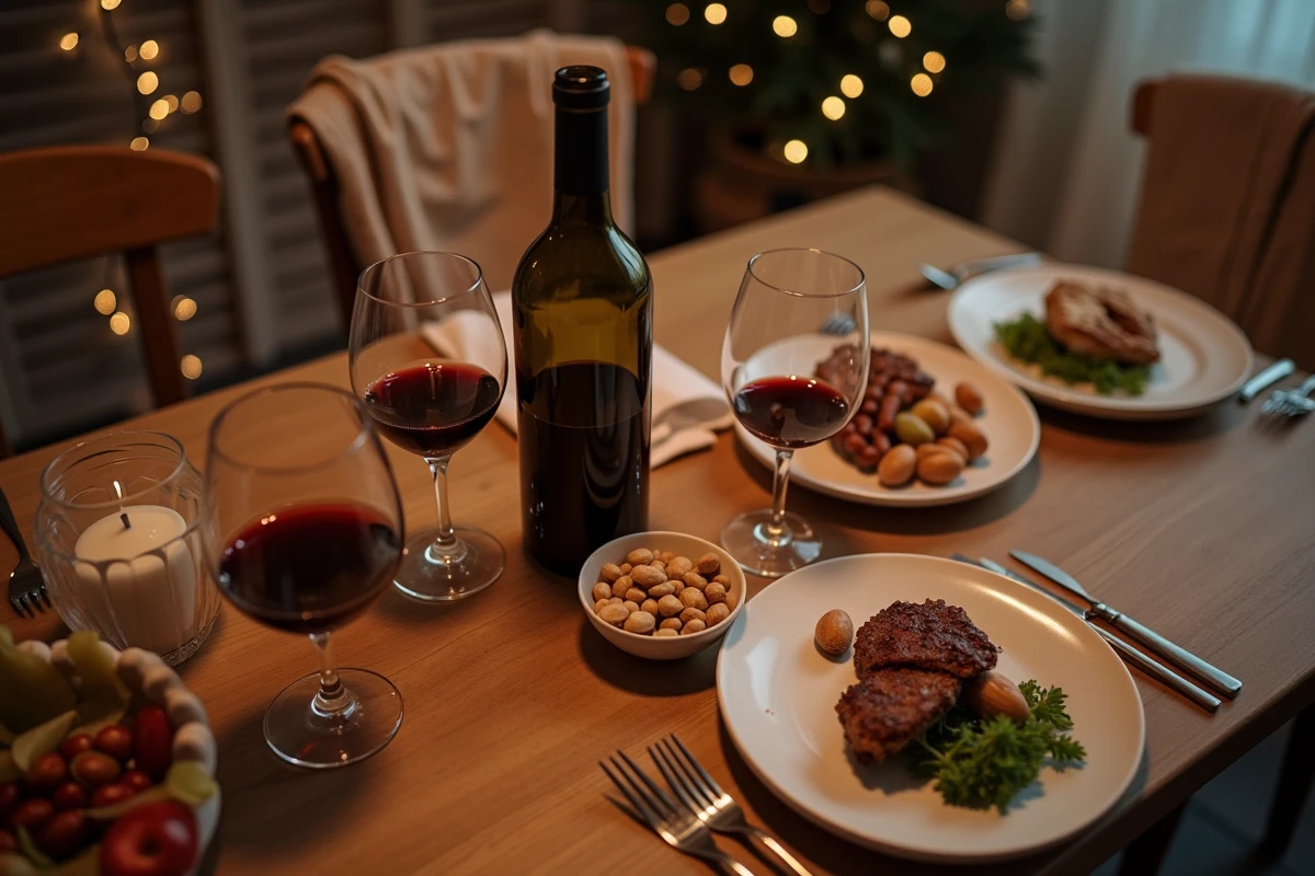 Table de fêtes en désordre avec bouteille de vin et restes de repas, évoquant les excès des fêtes et leur impact sur le foie