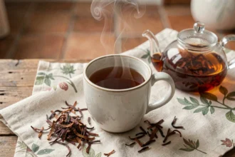 Tasse de thé rooibos rouge fumante avec feuilles séchées sur table en bois rustique, illustration des bienfaits cardiovasculaires du rooibos