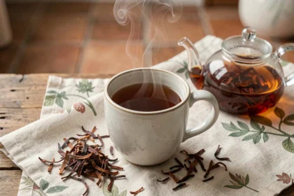 Tasse de thé rooibos rouge fumante avec feuilles séchées sur table en bois rustique, illustration des bienfaits cardiovasculaires du rooibos