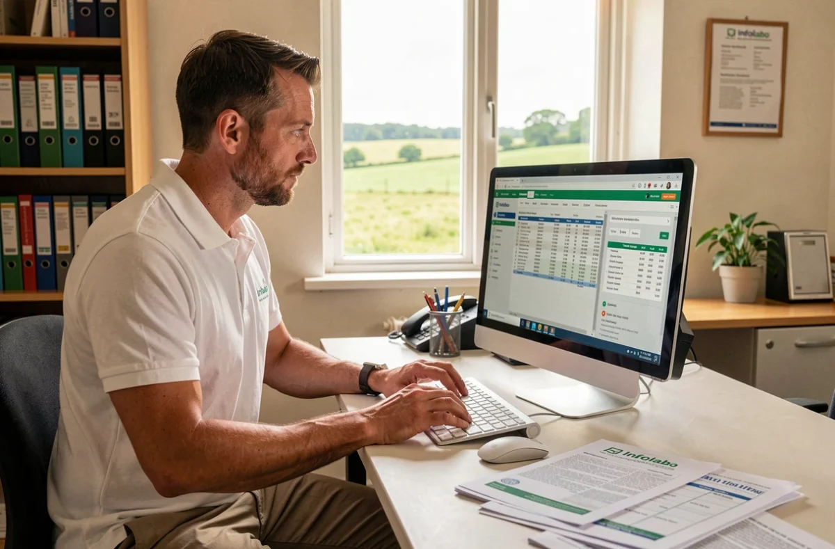 Technicien de coopérative laitière analysant les résultats de qualité du lait sur le portail Infolabo