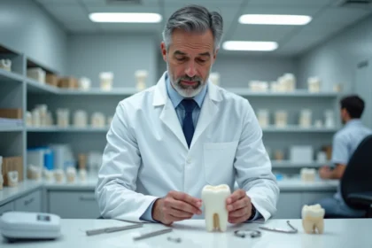 Technicien dentaire en laboratoire examinant des outils dentaires