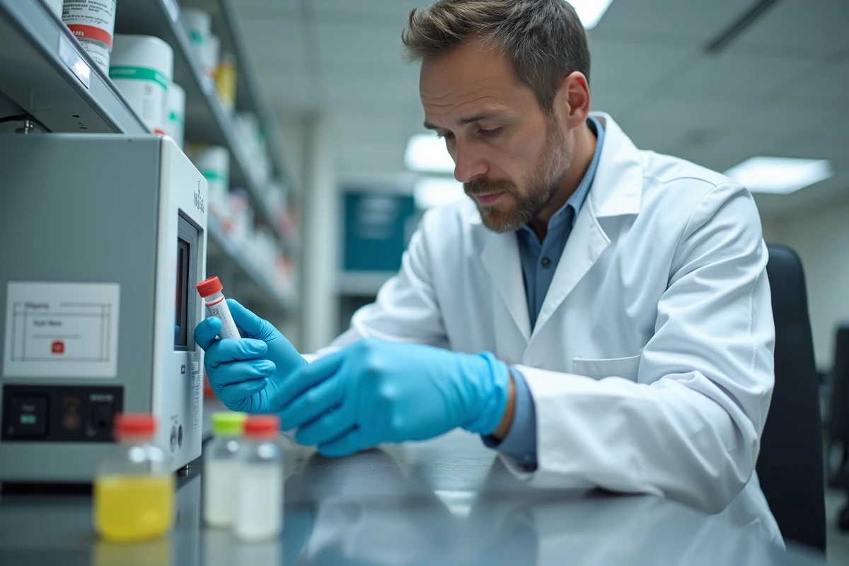 Technicien de laboratoire analysant un échantillon d'urine pour mesurer la microalbuminurie dans un laboratoire médical