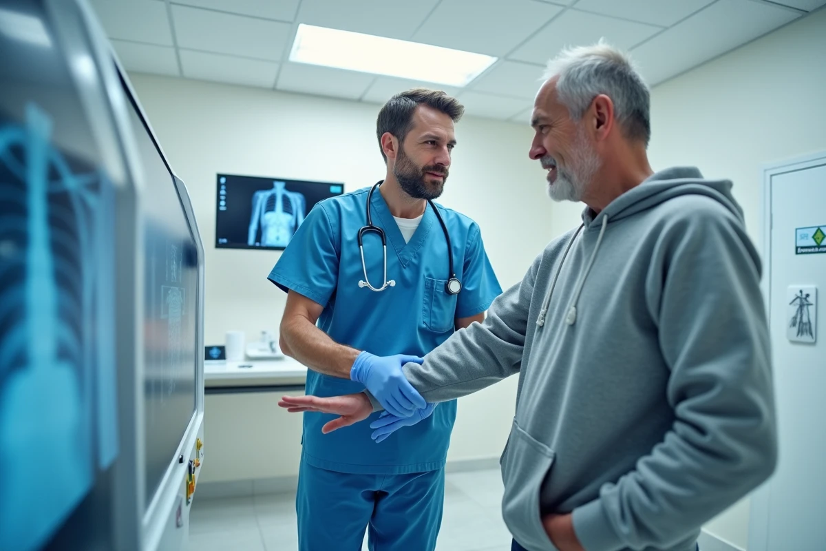 Technicien radiologue guidant un patient vers un appareil de radiographie dans une salle d'imagerie médicale moderne
