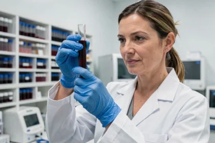 Technicienne de laboratoire tenant un tube d'analyse de sang pour examens rénaux