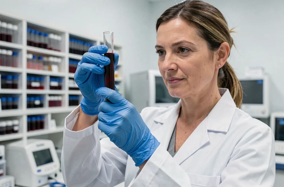 Technicienne de laboratoire tenant un tube d'analyse de sang pour examens rénaux