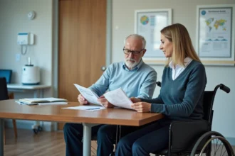 Therapeute en rééducation avec un patient en fauteuil