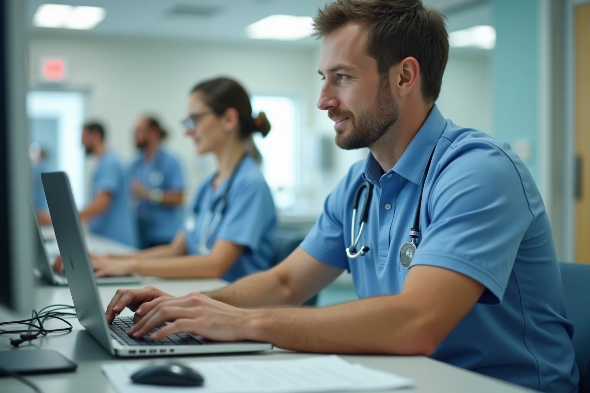 Orthopathe masculin collaborant avec un collègue en clinique de rééducation