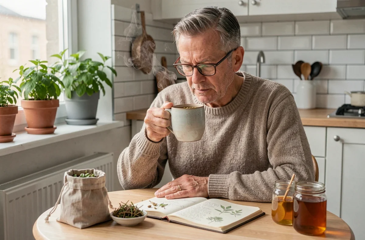 Homme buvant une tisane naturelle aux herbes pour soulager les brûlures d'estomac et le reflux gastrique dans une cuisine urbaine