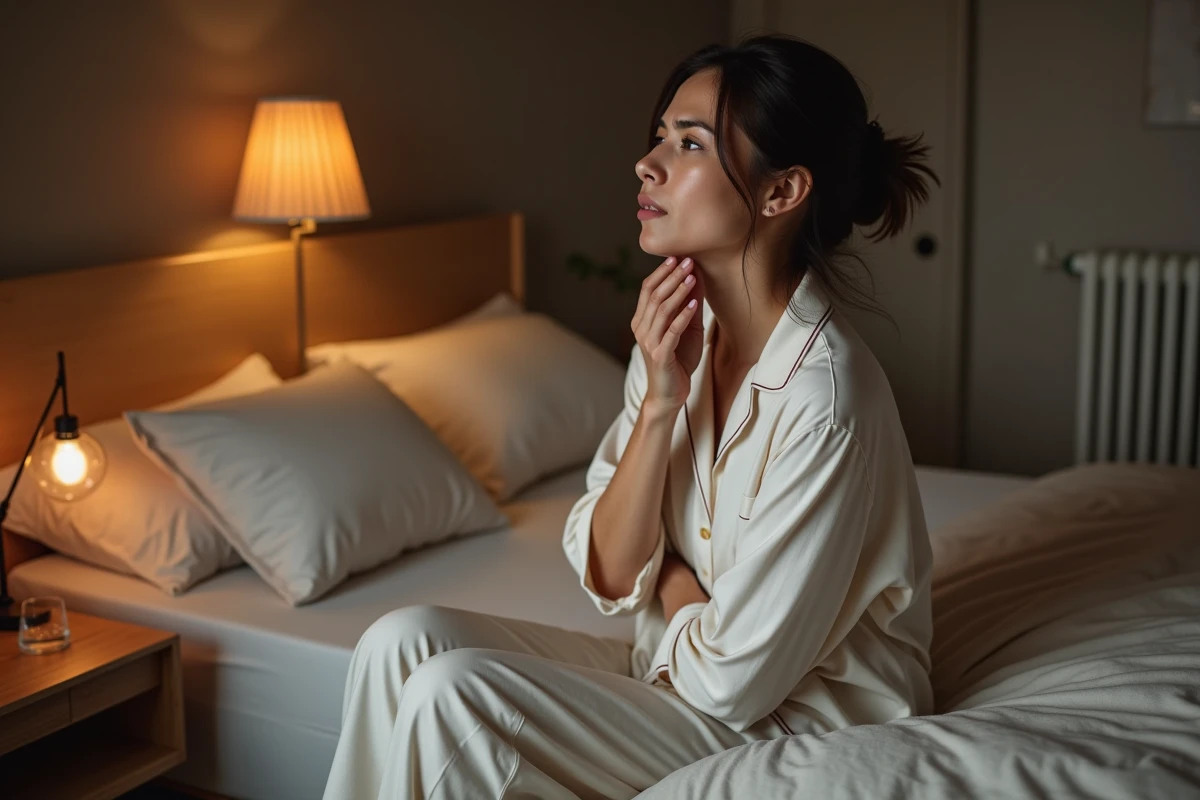 Femme en pyjama assise sur son lit la nuit, se tenant la gorge en raison d'une toux sèche causée par l'air sec à l'intérieur