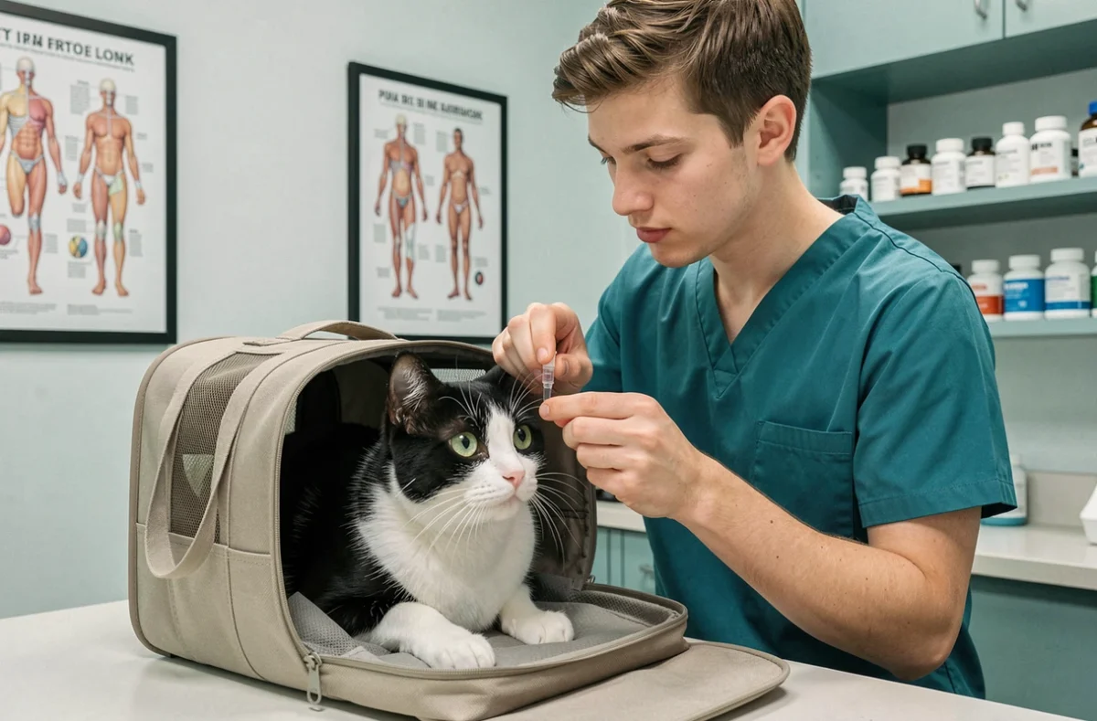 Technicien vétérinaire administrant un traitement oculaire à un chat aux pupilles dilatées