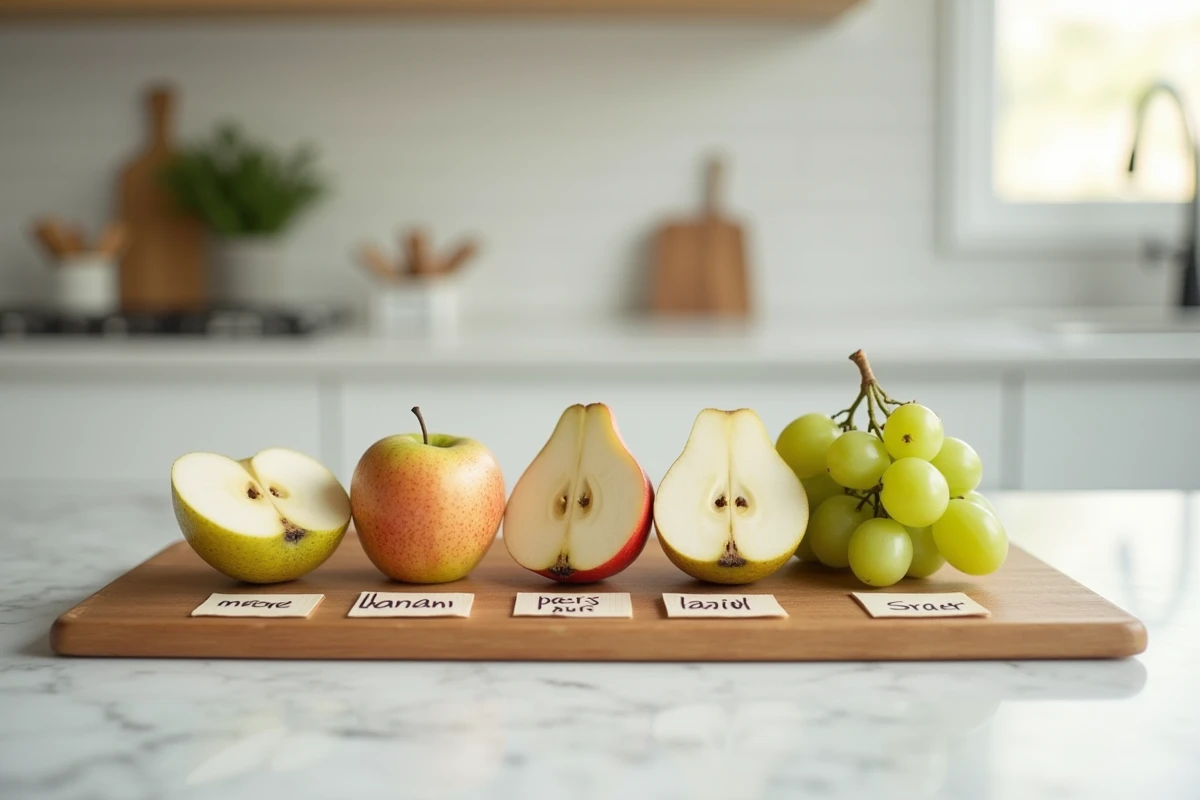 Tranches de banane, pomme, poire et raisin sur une planche en bois avec étiquettes pour comparer les calories