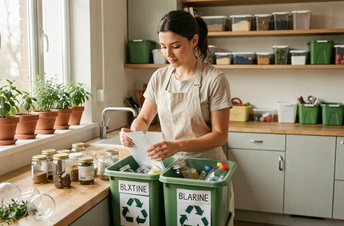 Femme triant ses déchets dans des bacs de recyclage étiquetés dans une cuisine moderne en bois avec des herbes aromatiques en pot